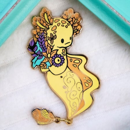 Golden axolotl mermaid enamel pin doll by Evy Benita