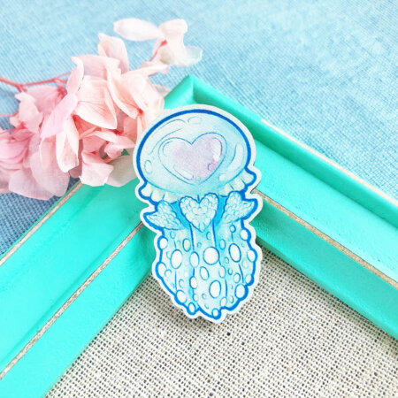 Pastel Lagoon Jellyfish wooden pin badge by Evy Benita