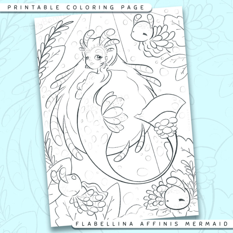 Shows a digital mockup of the printable coloring page image file. This print-at-home coloring page features a "flabelina affinis" nudibranch mermaid species. The outlines are drawn with a digital "grainy" pencil brush.