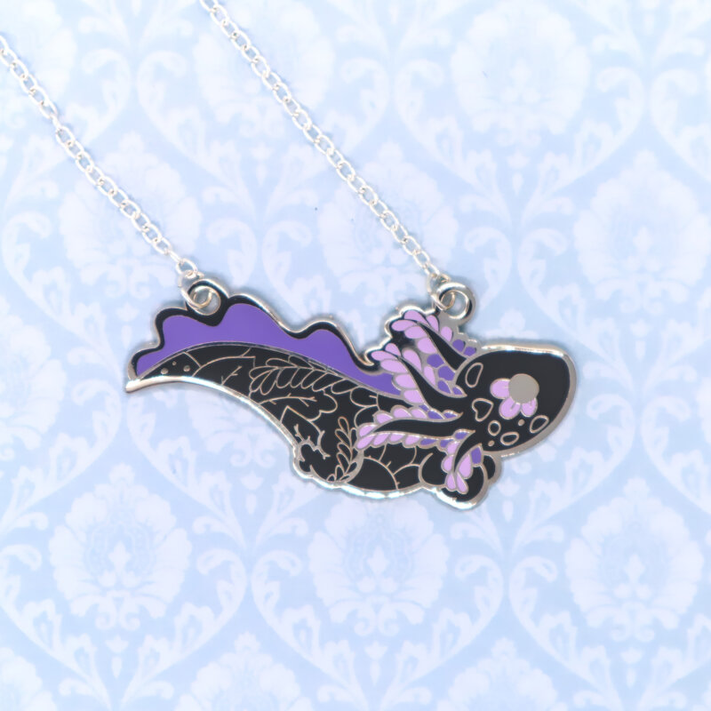Floral axolotl enamel necklace pendant by Evy Benita