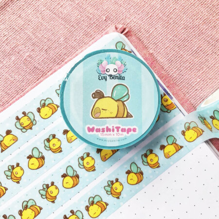 Cute kawaii bumble bee washi tape by Evy Benita. Vibrant colors and drawn in a "chibi" cartoon aesthetic.