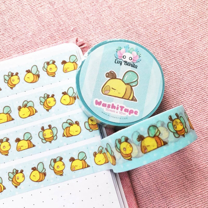 Cute kawaii bumble bee washi tape by Evy Benita. Vibrant colors and drawn in a "chibi" cartoon aesthetic.