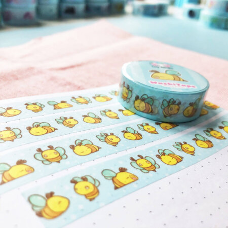 Cute kawaii bumble bee washi tape by Evy Benita. Vibrant colors and drawn in a "chibi" cartoon aesthetic.