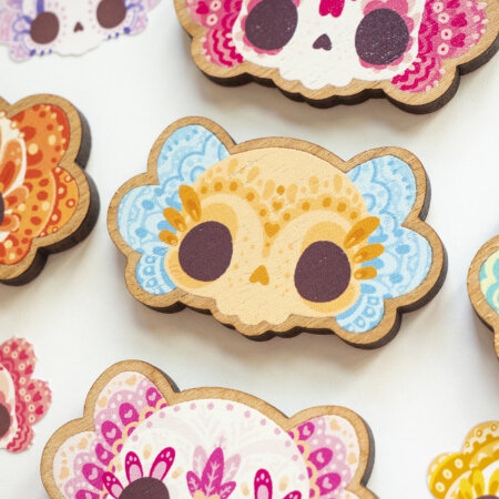 Cute Day of the Dead inspired axolotl pin badge. Made with responsibly sourced wood.